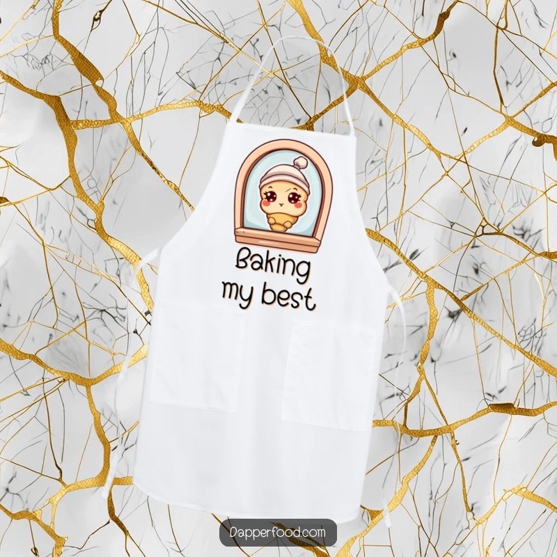 Funny apron featuring a curious croissant character with eyes and a tiny hat, peeking from a bakery window, for kitchen fun.