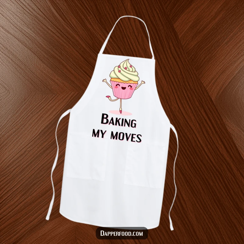 Funny apron showing a cheerful cupcake with legs doing a ballet pirouette, adding humor and sweetness to kitchen tasks.