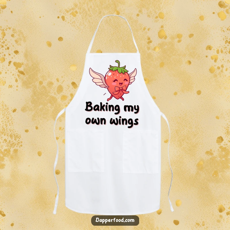 Funny apron with a delightful strawberry character with legs, wearing a ribbon and wings, perfect for a whimsical cook.