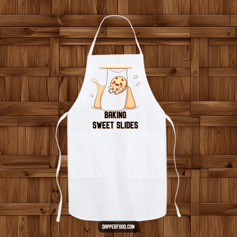 Funny cookie apron featuring a giggling character sliding down a milk-flavored slide, perfect for joyful baking.