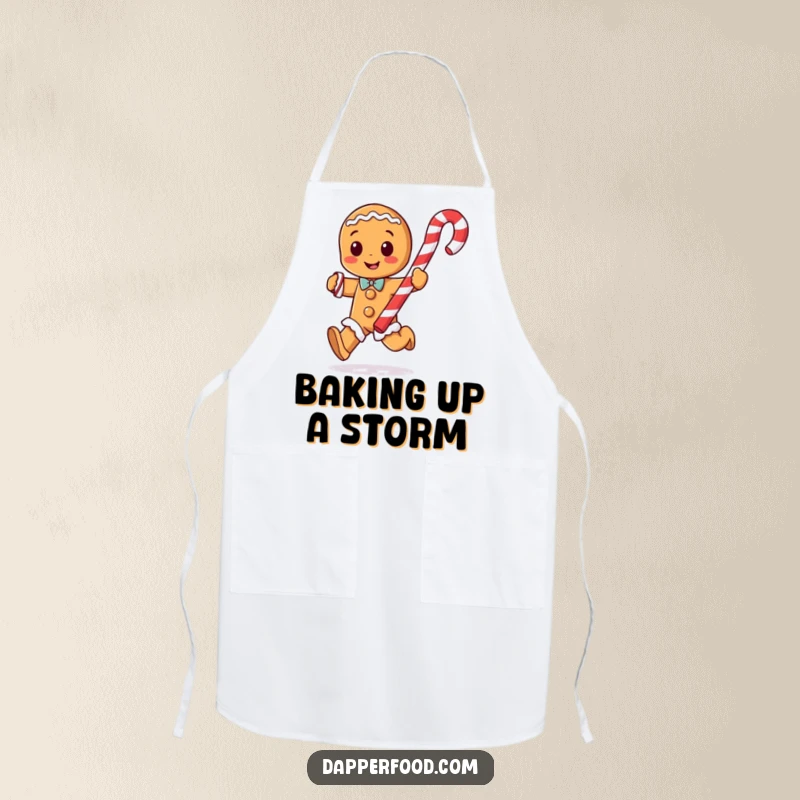 Funny gingerbread man character with arms running with a giant candy cane on an apron, ready for holiday baking.