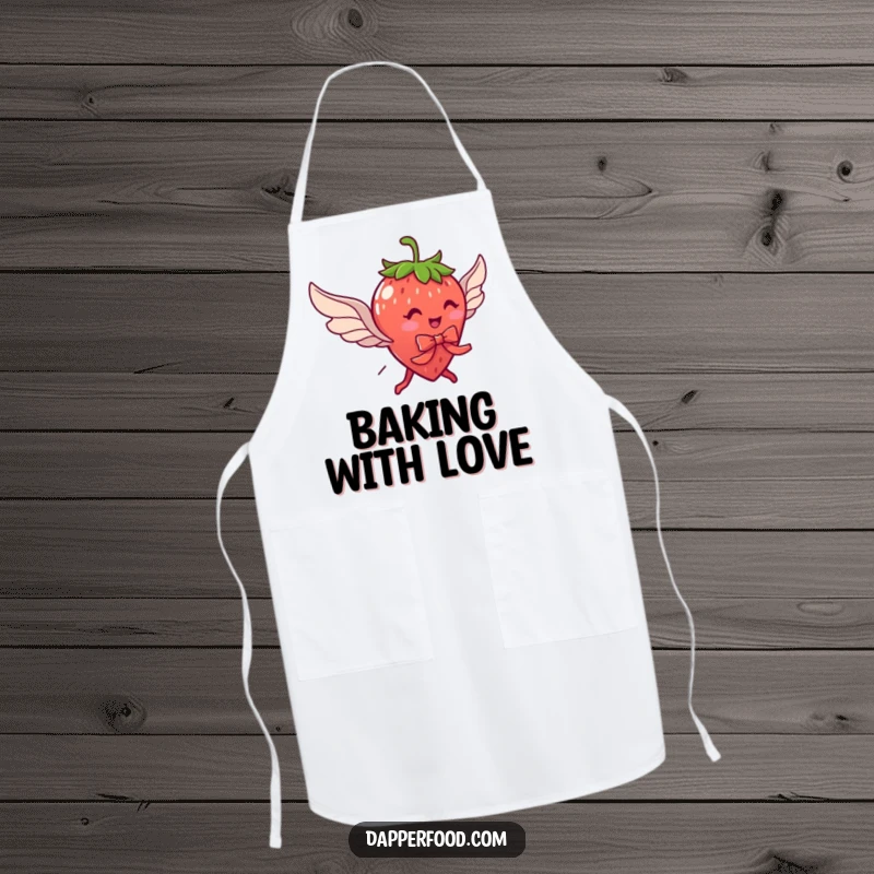 Funny apron showing a delightful strawberry character with legs and wings, comically trying to fly with a ribbon, for kitchen fun.