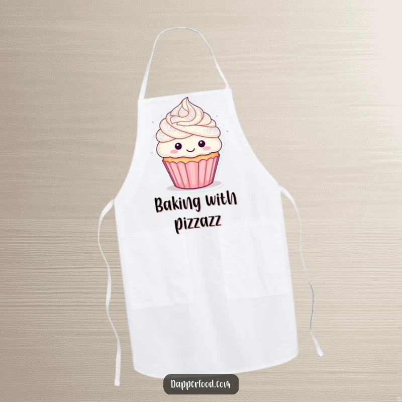 Funny cupcake apron showing a happy character with frosting hair being showered with glitter, ideal for a joyful cooking experience.