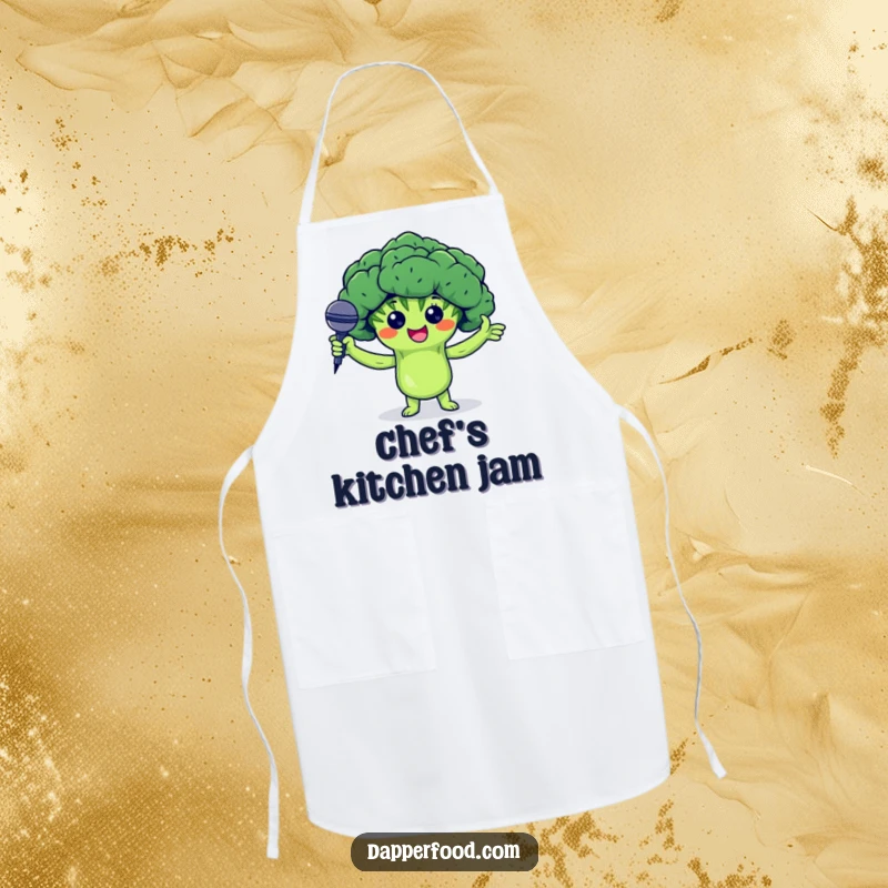 Funny apron featuring a proud broccoli floret character holding arms up and presenting a tiny microphone, perfect for a comedic cook.