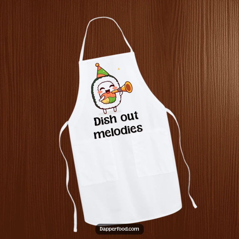 Funny sushi roll apron, in a party hat, enthusiastically playing a tiny trumpet, for a humorous and festive cooking experience.