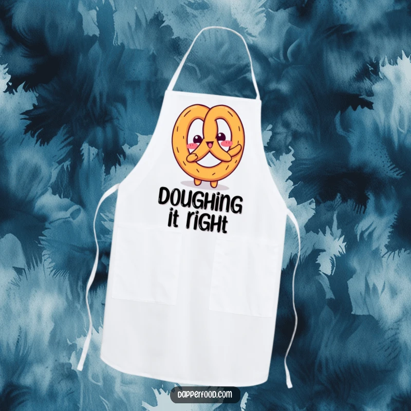 Funny Kawaii pretzel character wiggling with joy while cooking on an apron, adding a humorous touch to kitchen activities.