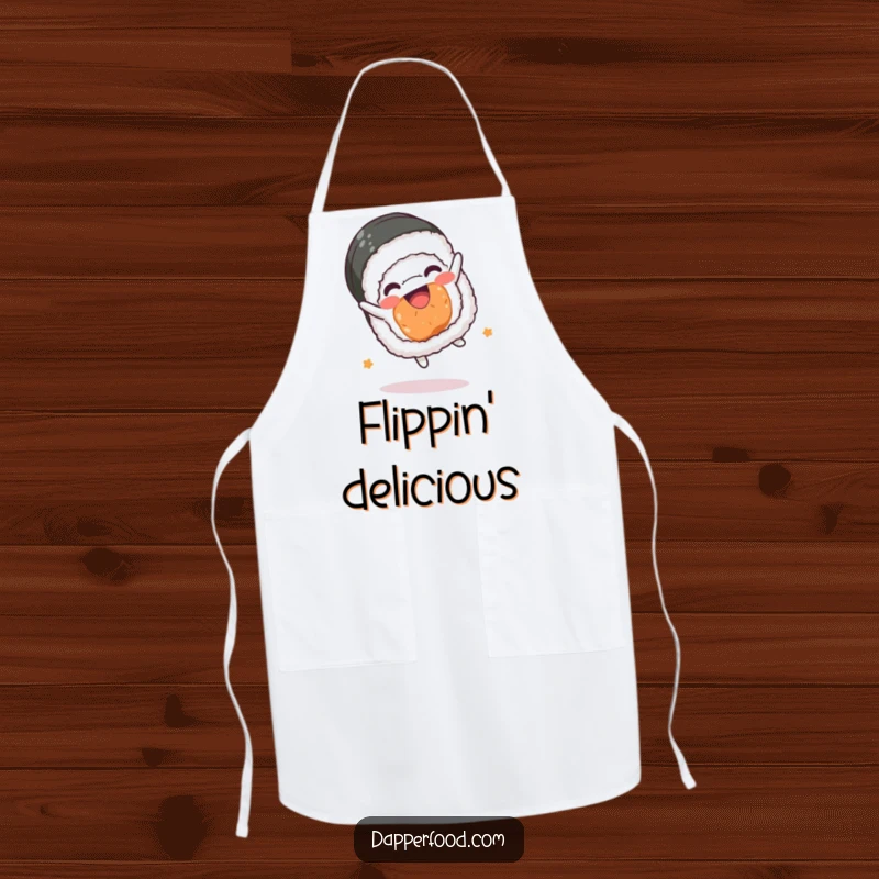 Funny sushi roll apron, kawaii character performing a somersault while cooking, kitchen humor, fantastic funny gift.