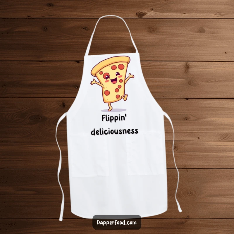 Funny Apron featuring a happy pizza slice character doing a dramatic cartwheel, ready for culinary adventures.