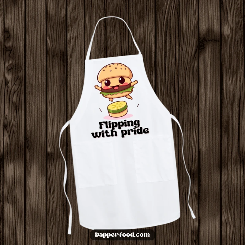 Funny apron featuring a burger patty leaping over a pickle, ideal for determined chefs.