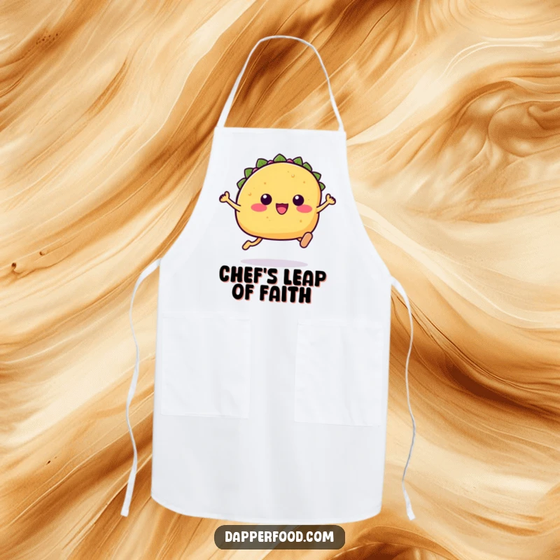 Funny Kawaii taco apron depicting a cute taco character with tiny legs leaping joyfully while cooking.
