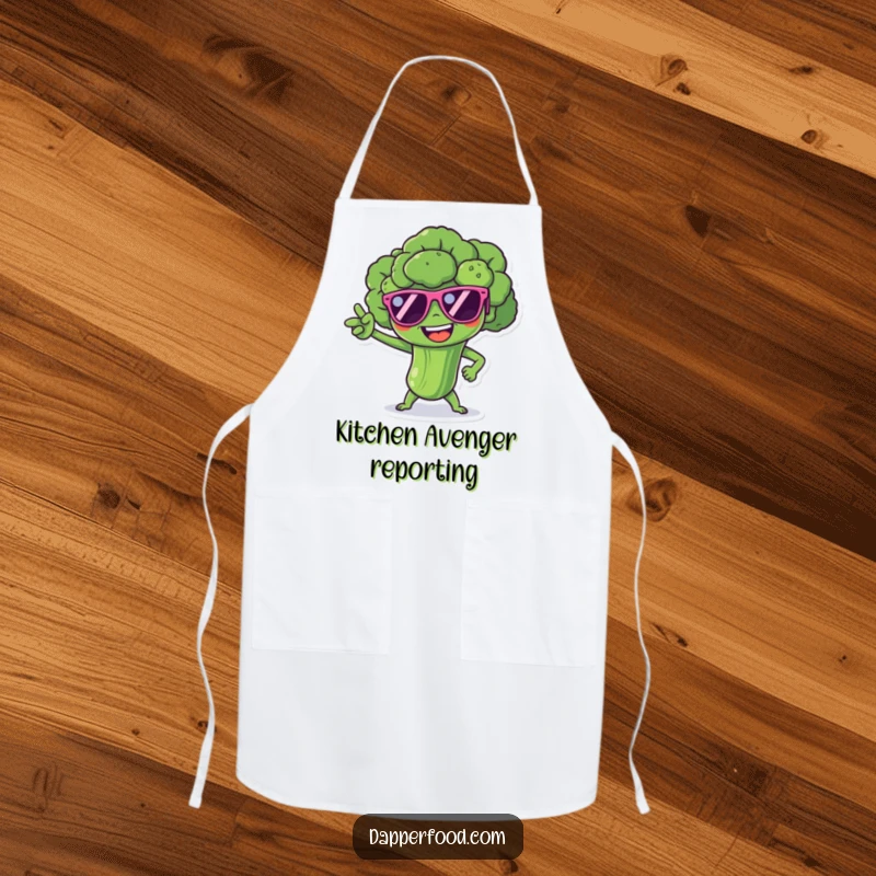 Funny broccoli spear character with tiny sunglasses, striking a superhero pose, a humorous and functional apron.