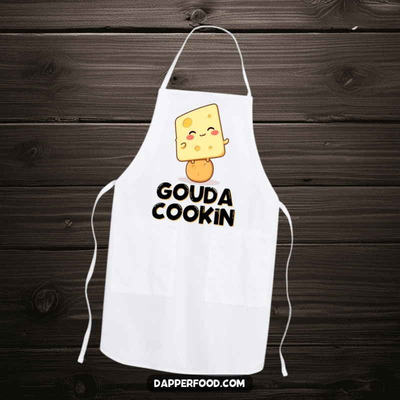 Funny cheese cracker giggle apron, kawaii cheese character giggling while balancing on a cracker, kitchen humor, fantastic funny gift.