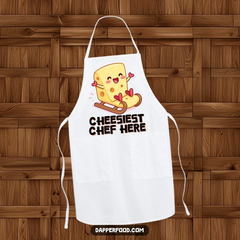 Funny cheese slice apron, humorously sliding down a cracker, perfect for keeping clothes clean and spirits high. A great funny gift.