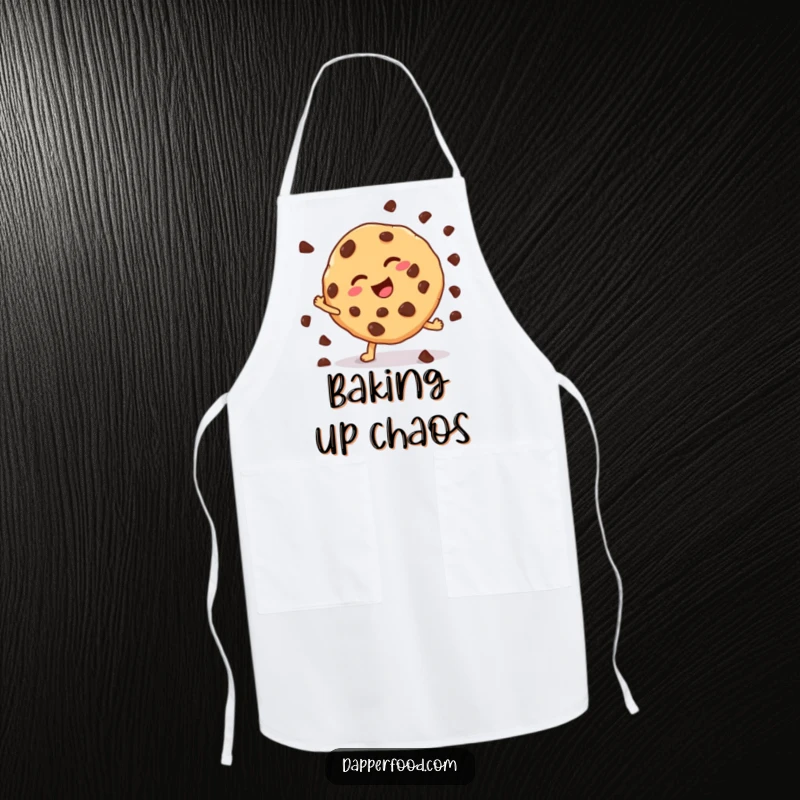Funny cookie cartwheel apron, showing a chocolate chip cookie mid-cartwheel, perfect for baking sessions. A great funny gift.