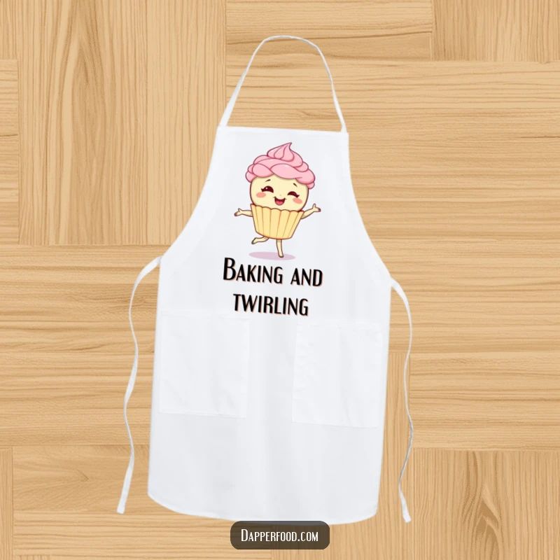 Funny apron showing a giggling cupcake character with frosting hair doing a pirouette, perfect for adding playful energy to baking activities. Great funny gift.