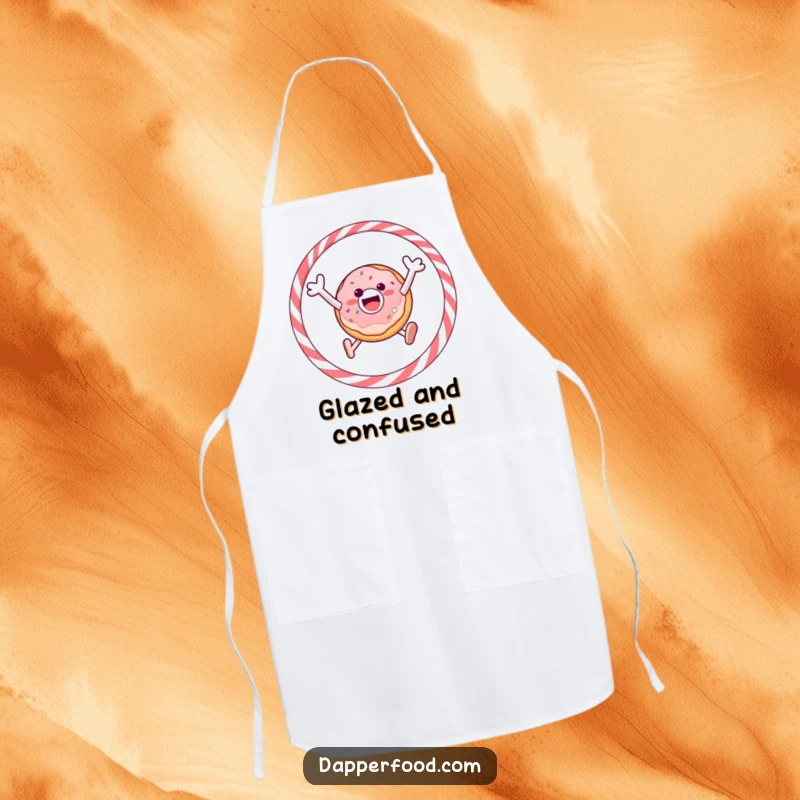 Funny apron with a gleeful donut jumping through a licorice hoop, adding playful energy to kitchen activities.