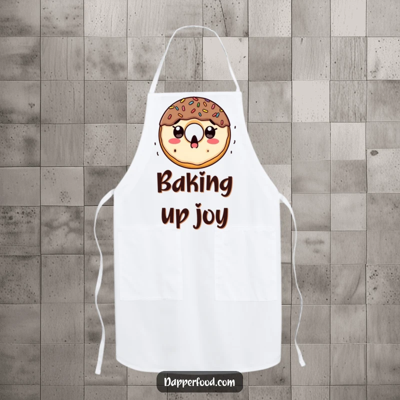 Funny apron showing a surprised doughnut character with wide eyes as colorful sprinkles rain down, ready for baking fun.