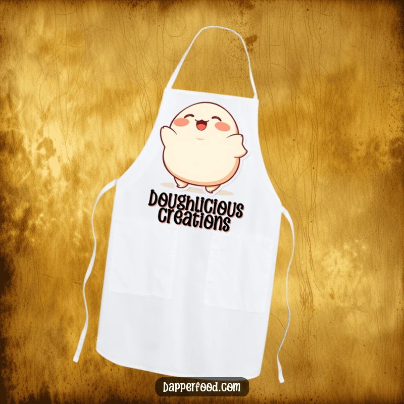Funny Dumpling Bob Apron showcasing a plump, giggling dumpling character bobbing up and down while cooking.