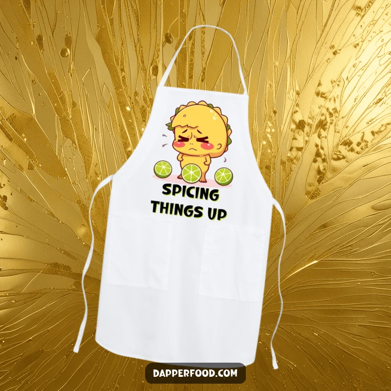 Funny apron featuring a nervous taco sweating and juggling limes, ideal for chaotic cooking.