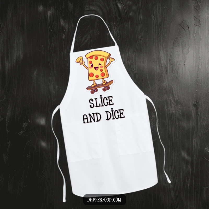 Funny apron showing a smiling pizza slice character balancing on a skateboard, ready to tackle any culinary challenge with a grin.