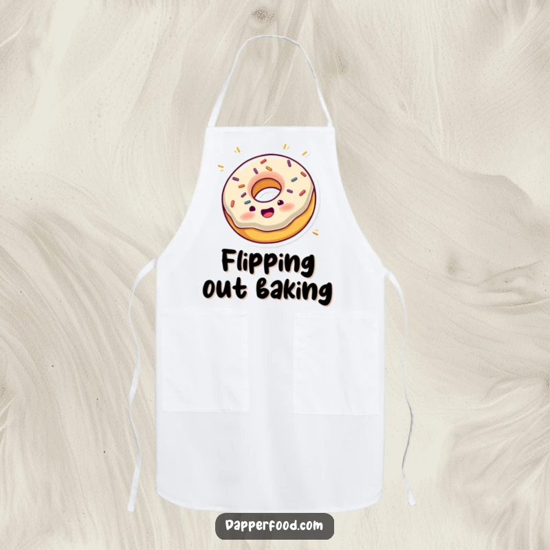 Funny apron showing an excited donut with sprinkles joyfully spinning on its edge, great for baking.