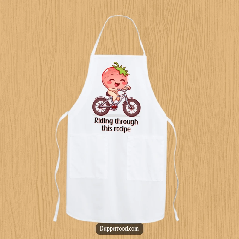 Funny strawberry character winking and riding a tiny bicycle with square wheels, a humorous apron for cooking.