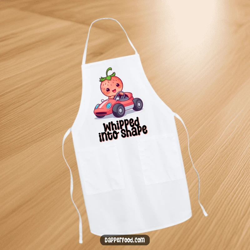 Funny apron showing a smiling strawberry character driving a tiny race car, ready for a humorous and speedy culinary adventure.