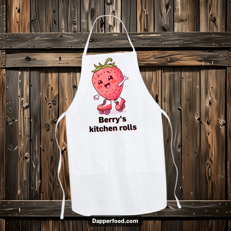 Funny strawberry character in oversized roller skates, wearing a kitchen apron, ready for humorous cooking.