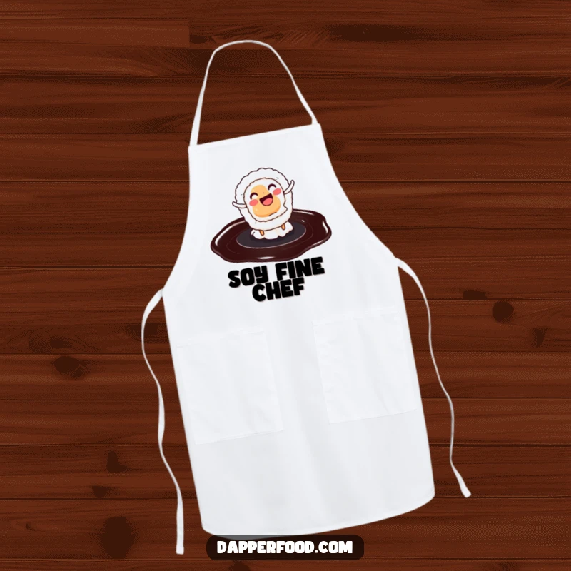 Funny apron with a smiling sushi roll doing a cartwheel on soy sauce, designed for messy fun in the kitchen.