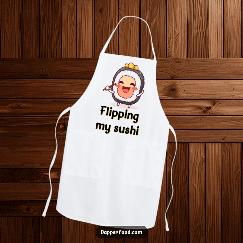 Funny apron featuring a cheerful sushi character expertly juggling chopsticks, perfect for adding playful energy to kitchen activities. Great funny gift.