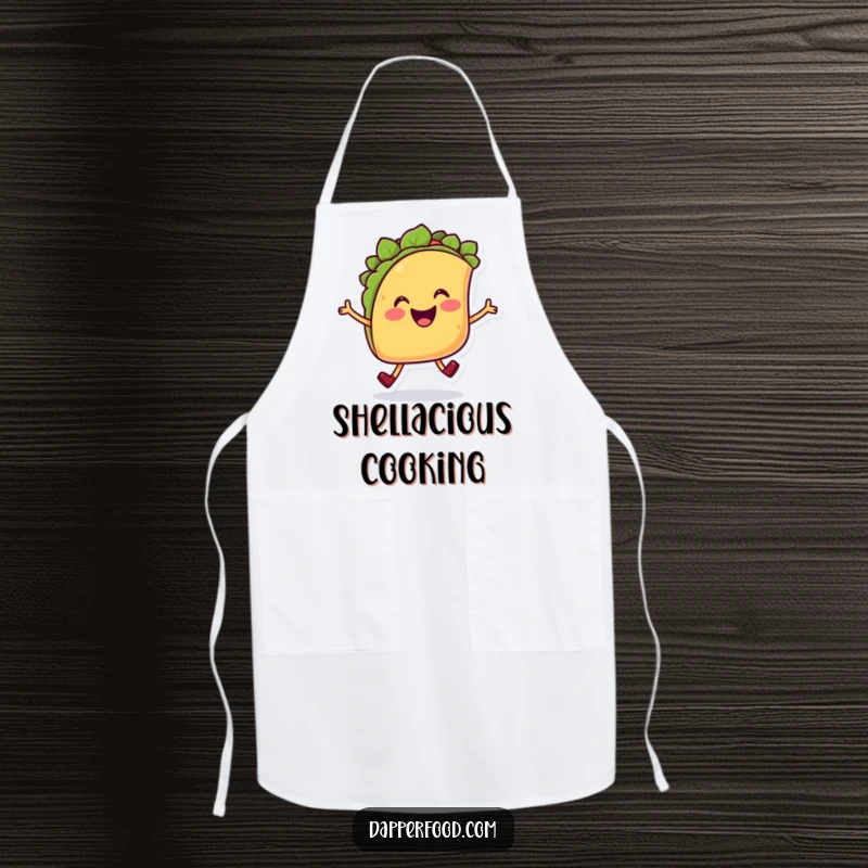 Funny Taco Hop Apron showcasing a cheerful smiling taco character with legs doing a joyful hop while cooking.
