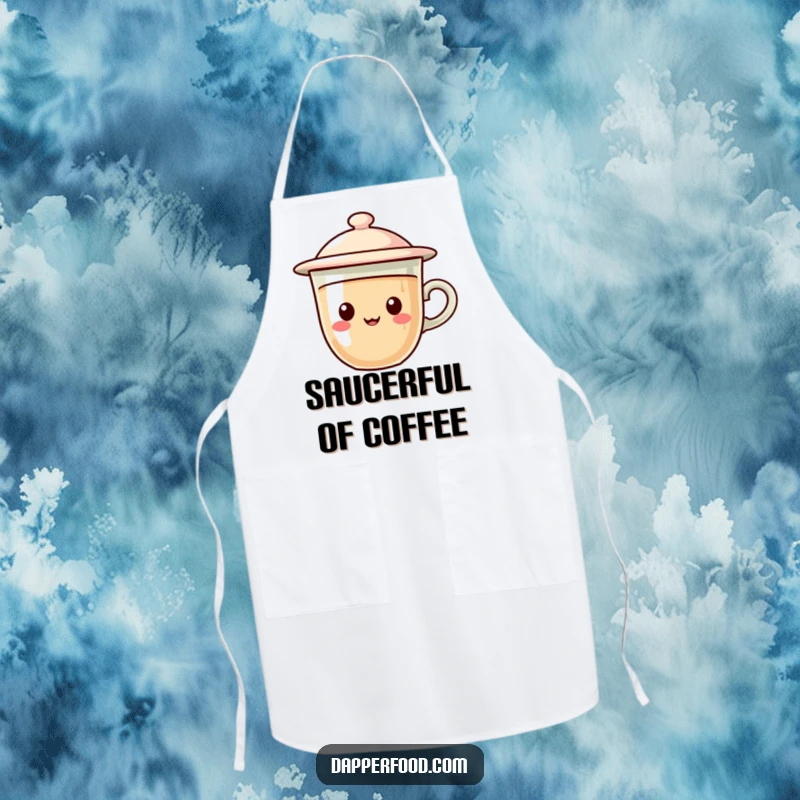 Funny apron showing a coffee cup character with a flying saucer lid, hovering gleefully, ideal for a humorous culinary experience.
