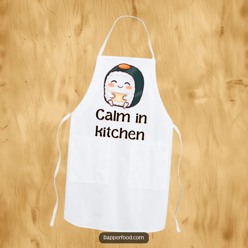 Funny apron showing a grinning sushi roll with eyes closed, serenely meditating, great for kitchen use.