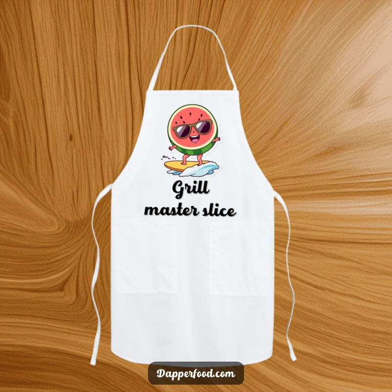 Funny watermelon surfer apron, a cool slice with shades surfing a wave, perfect for cooking or chilling. A great funny gift.