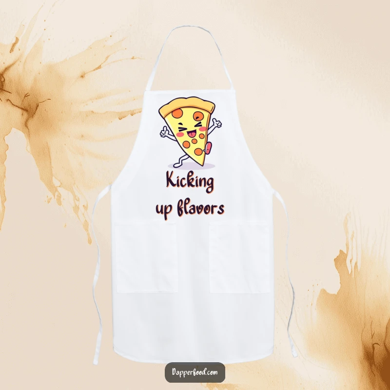 Funny Kawaii Pizza Kick Apron: A determined pizza slice character performing a kick while cooking, combining style and humor, a great funny gift.