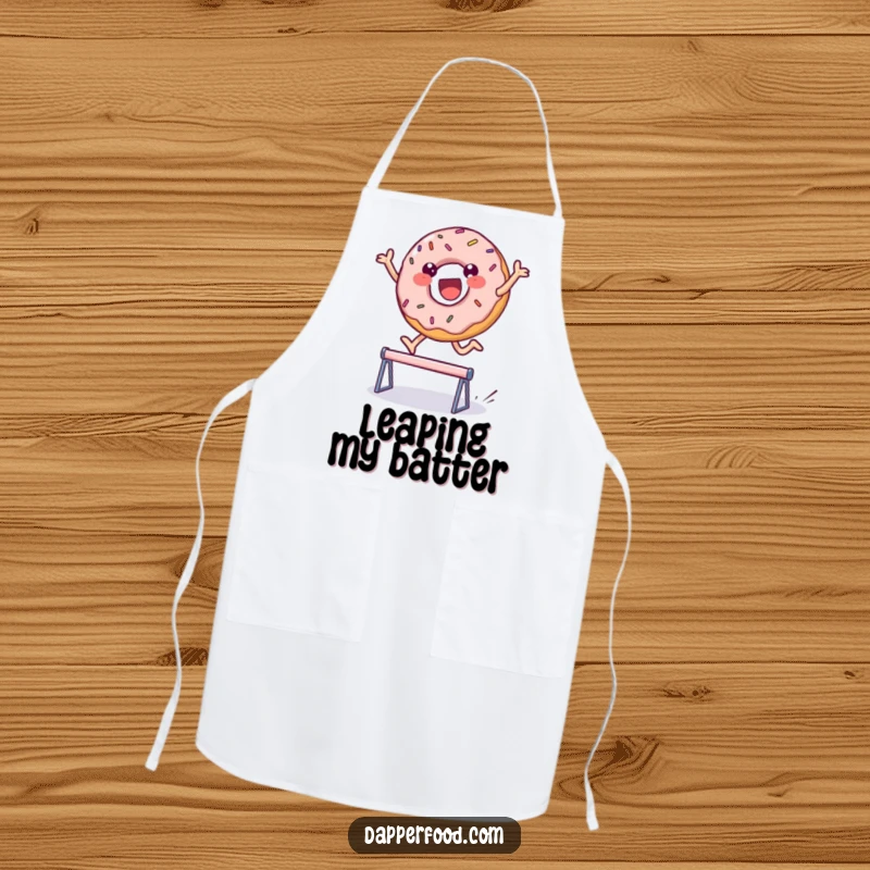 Funny apron showing a delighted, sprinkled donut character leaping over a hurdle, perfect for adding playful energy to baking activities. Great funny gift.