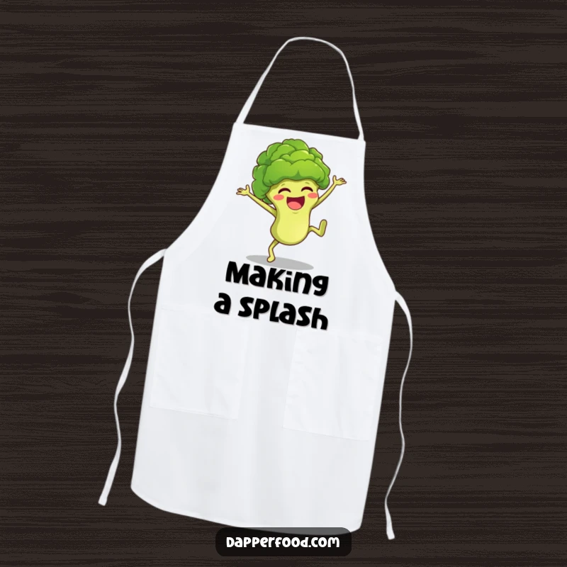 Funny broccoli floret character cartwheeling enthusiastically on a functional apron, perfect for a humorous cooking accessory.