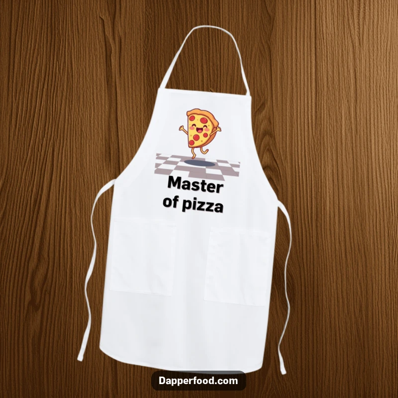 Funny pizza apron featuring a smiling character doing a cartwheel on a checkered floor, perfect for joyful cooking.