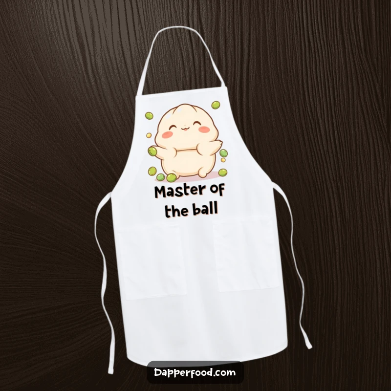 Funny Dumpling Apron showing a playful character with rosy cheeks, balancing on a tiny ball, designed for a fun and adorable cooking experience.
