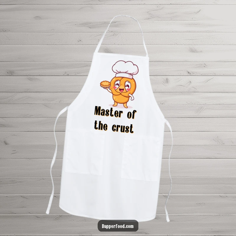 Funny pretzel character with an oversized chef hat, triumphantly presenting a miniature pie, a humorous and functional apron.