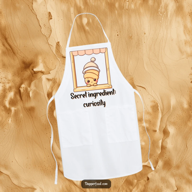 Funny croissant character with hat peeking from a bakery window on an apron, ready for culinary creations.