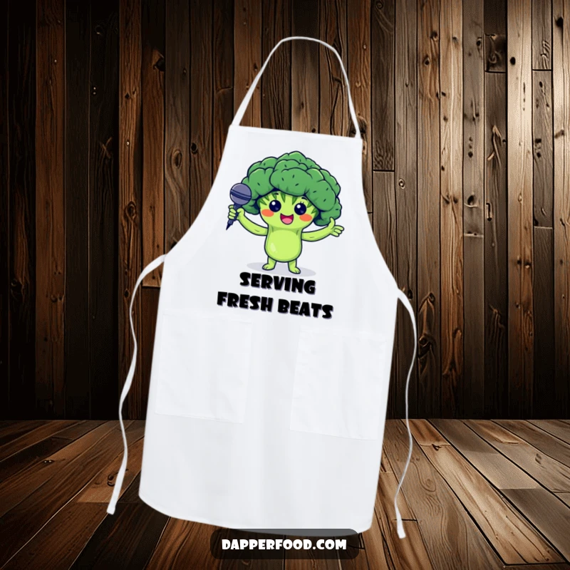 Funny kitchen apron featuring a proud broccoli floret character presenting a tiny microphone, ideal for cooking with a humorous, performative flair.