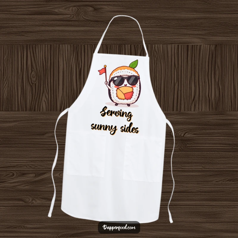 Funny sushi roll wearing sunglasses and waving a flag adorns this apron, making kitchen tasks delightfully humorous.