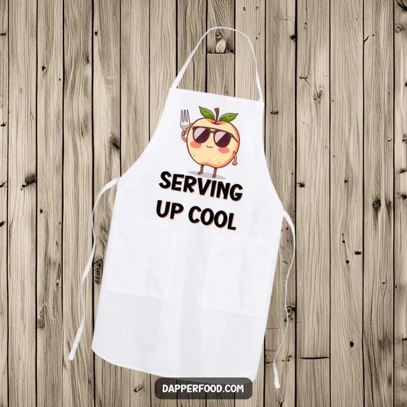Funny apron with a blushing apple character wearing sunglasses and saluting with a tiny fork, perfect for a humorous cook.