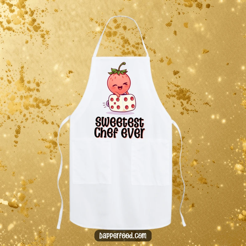 Funny Apron featuring a winking strawberry character riding a rolling dice, ready for culinary adventures.