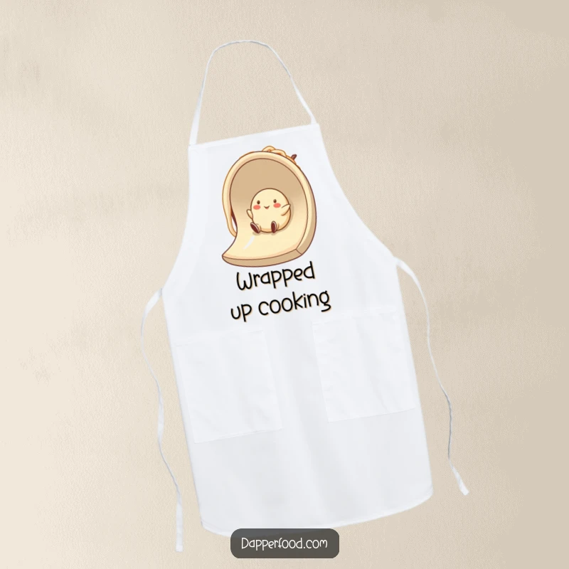 Funny dumpling character happily sliding down a noodle on a functional apron, perfect for humorous kitchen attire.