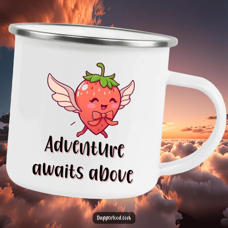 Funny camping mug with a delightful strawberry character with legs, wearing a ribbon and wings, perfect for outdoor dreams.
