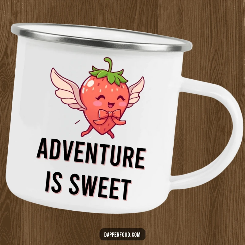 Funny camping mug featuring a delightful strawberry character with legs and wings, comically trying to fly with a ribbon, for any adventure.