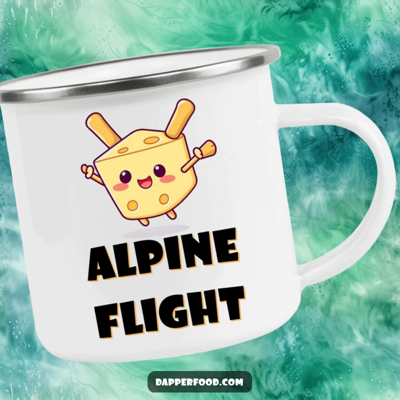 Funny camping mug with a delighted cheese wedge using breadstick wings for flight, designed for outdoor humor.