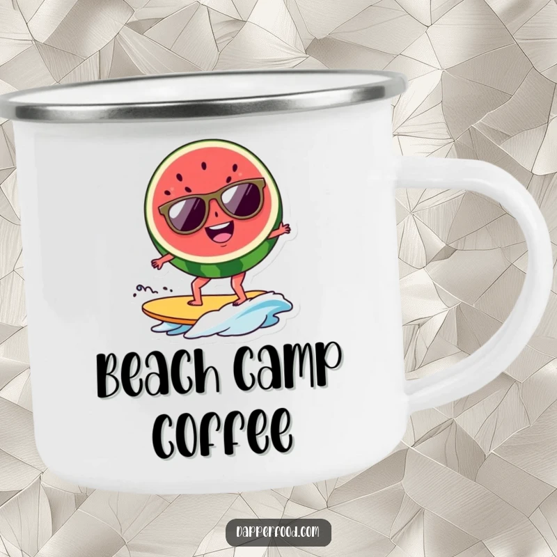 Funny watermelon surfer camping mug, a cool slice catching waves, perfect for outdoor drinks. An adventure-ready funny gift.